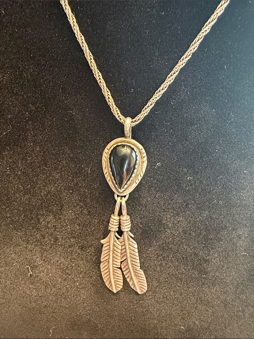 Vintage QT Quoc Turquoise Italy Silver Feather Pendant black onyx original chain